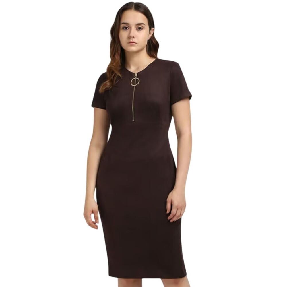 Calvin Klein 18W Black Scoop Neck Bodycon Dress with Front Zipper Detail [0477]